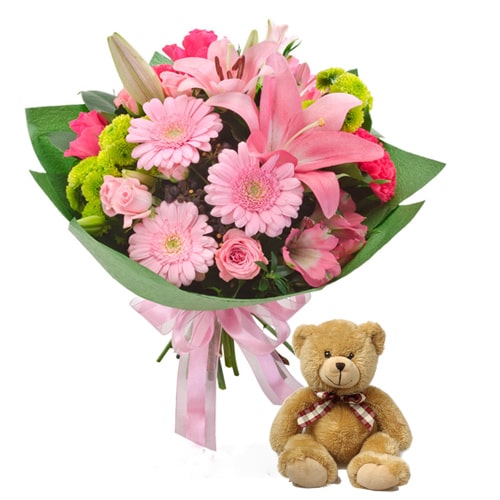 Eye-Catching Mix Seasonal Flowers with Teddy