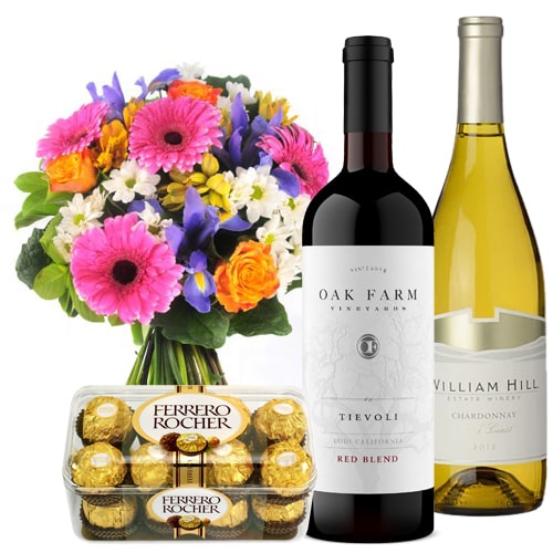 Awe-Inspiring Hamper with French Wine and Flowers and Chocolates