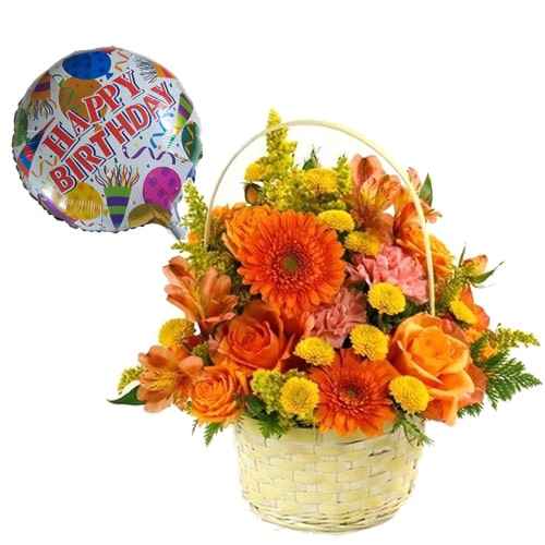 Brilliant Fresh Mixed Flowers with a Cheerful Balloon in a Basket