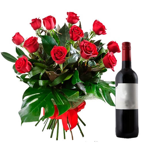Breathtaking 12 Red Roses with Wine for Celebration