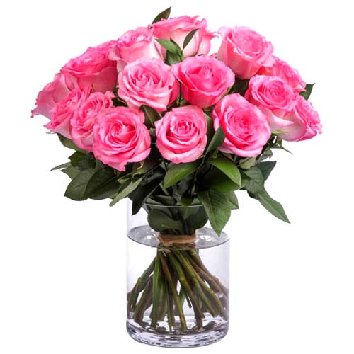 Fashionable Romance for All Time 18 Pink Roses Bouquet in a Vase
