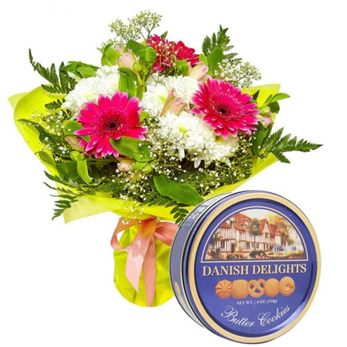 Traditional Fresh Mixed Flowers with Delectable Danish Cookies