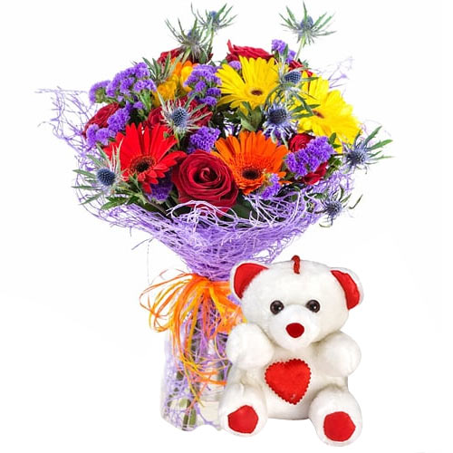 Elegant Mixed Fresh Flowers Bouquet with Teddy Bear