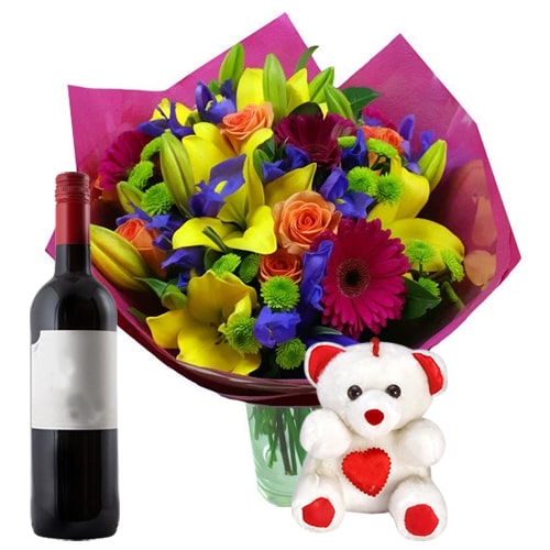 Flowers with Teddy & Wine