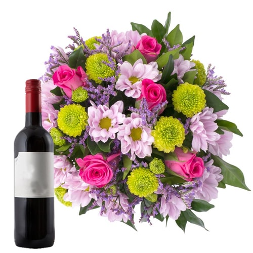 Traditional Mixed Flower Bouquet with French Wine Bottle
