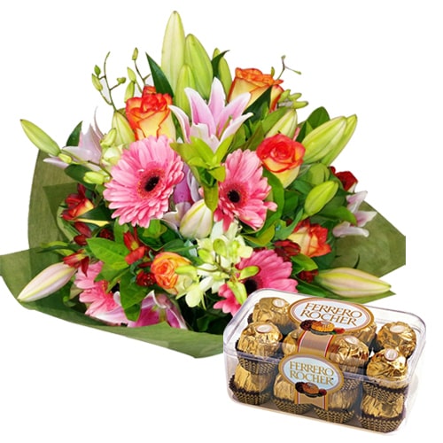 Captivating Seasonal Multicolor Flower Bouquet with 16 Pieces of Imported Ferrero Rocher Chocolates