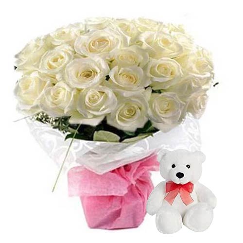 Two-Dozen White Roses with Teddy