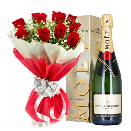 Festive 12 Red Roses with Champagne Hamper