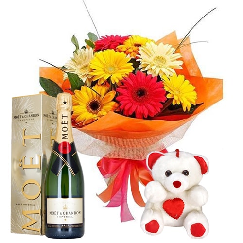 Pristine Mixed Flowers Bouquet Teddy and Champagne
