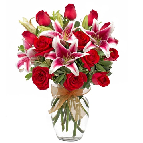 Elegant Luminous 3 Pink Lilies and 5 Red Roses Bouquet with Vase
