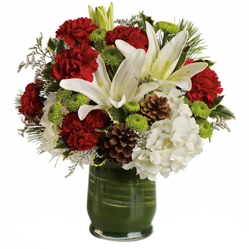 Lovely Roses, Carnations, Lilies, Football Mums and Assorted Greens in European-style Arrangement
