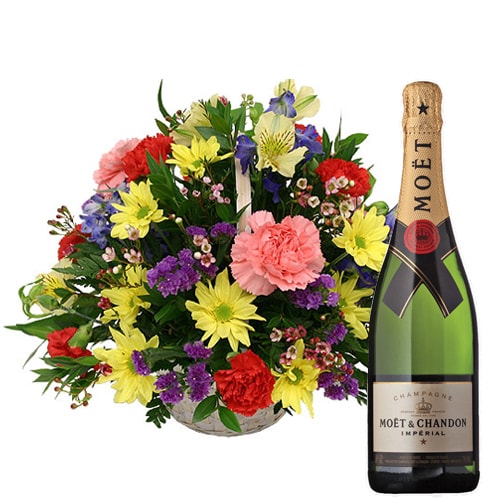 Classic Fresh Seasonal Flowers and a Bottle of Champagne