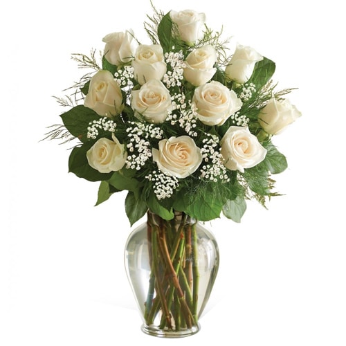 Breathtaking 12 White Roses in a Vase with Passion