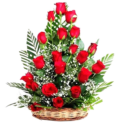 Blossoming Rose Basket of 18 Red Roses with Romantic Thrill 