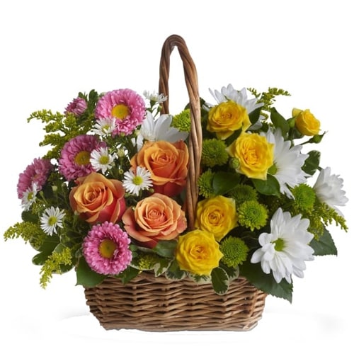 Eye-Catching Oblong Mix Basket of Colorful Seasonal Flowers 