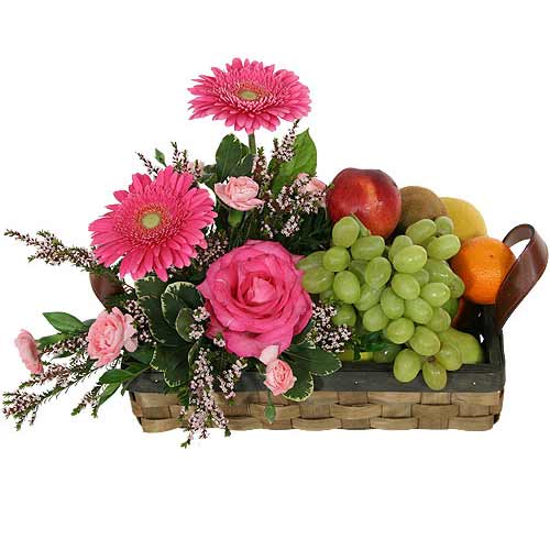 Energetic Healthy Treat Seasonal Flowers and Fresh Fruits Basket