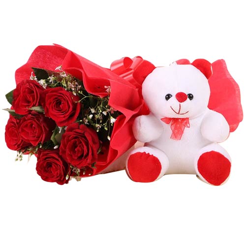 Treasured Love Delight 6 Red Roses with Teddy Bear