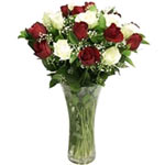 17 Red N White  Roses - In Vase