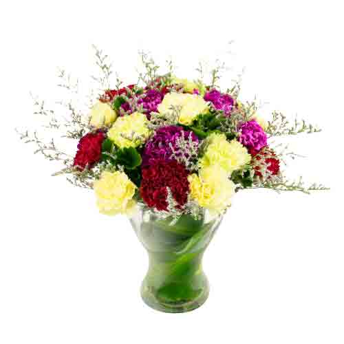 Attention-Getting Assemble of 20 Stems of Colorful Carnations in a Vase