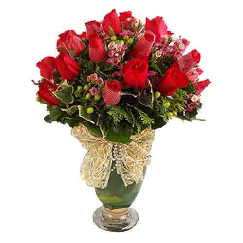 Festive Selection of 3 Dozen Red Roses in a Vase