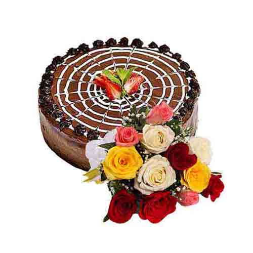 Caramelized Cherries N Nuts Chocolate Cake with Multicolored Roses