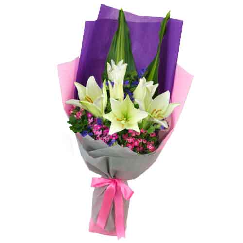Exquisite Bunch of Lilies with Green Foliage  