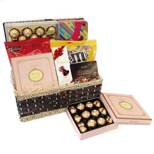This basket includes:- Ferrero Rocher(24pcs), M&M Chocolate, Belgian chocolate(6...