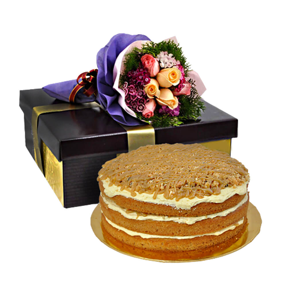 Butterscotch Cookies Cake With Rose Bouquet