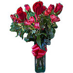 RED ALSTROEMERIA AND ROSES IN VASE