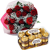Delightful Bunch of Red Roses N Ferrero Rochers Chocolate