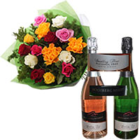 Gentle Toast of Elegance Gift of Wine with Tender Mixed Roses Bunch
