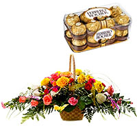 Graceful Seasons Greeting Mixed Flower Basket with Ferrero Rochers Chocolate Box