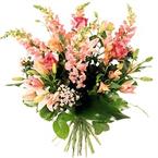 Long stemmed bouquet of mostly pink flowers....