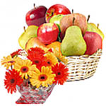 Bright Gift Basket of Assorted Fresh Fruits with 12 Gerbera Flower Bouquet
