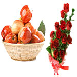 Delectable Holiday Special Apple Basket with 12 Red Roses Bunch