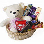 Luscious Happy Teddy Bear With Chocolates Gift Basket