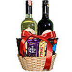 Charming Family Time Gift Basket of Red N White Wine with Assortments