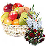Classic Assortments of Fresh Fruits N Basket of Red Roses and White Glads