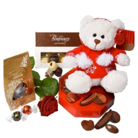 Ambrosial Gift of Single Red Roses with Lindt Droste Chocolates N Teddy in White with Red Cap