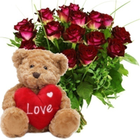Dazzling Selection of 15 Red Roses Bunch N Brown Teddy Bear with Red Heart