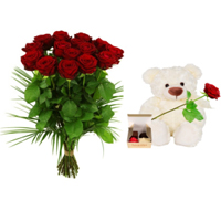 Aromatic Gift of White Teddy Bear, 4 Leonidas Chocolates and Dozen Red Roses Bunch