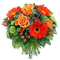 Colorful flowers in shades of orange and red make ...