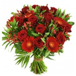 Blossoming Mixed Bouquet of Red Roses and Red Flowers