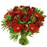 Lovely Mixed Bouquet of Red Roses and Red Flowers