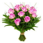 Cheerful Arrangement of 15 Pink Roses with Leaf Material