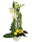 Beautiful high arrangement of white and yellow flowers (the shape and the colour...
