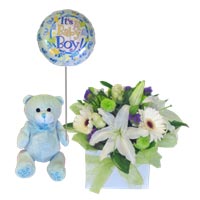 Adorable Assemble of Flowers, Teddy and Balloons for Baby Boy