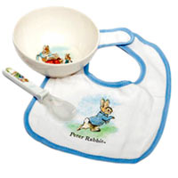 Sweet Set of Blue Bib with Silicone Spoon and Non-Slip Bowl