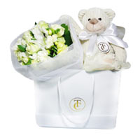 Elegant Arrangement of White and Green Flowers with Teddy Bear
