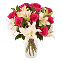 Artistic Compilation of Crisp White Oriental Lilies and Hot Pink Roses